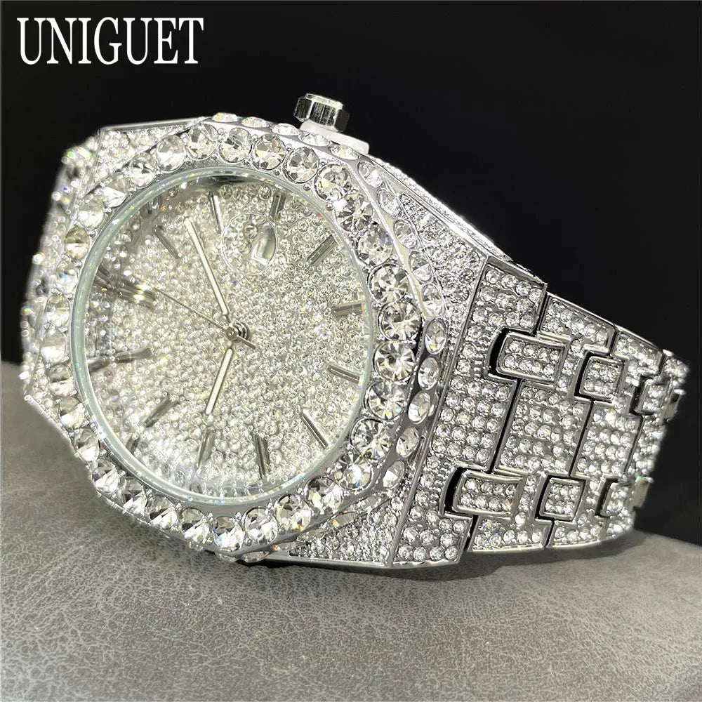 Luxury Brand Iced Watch For Men Fashion Hip Hop Diamond Waterproof Stainless Steel Wristwatch