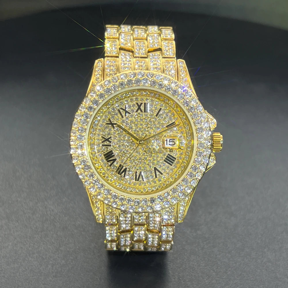 Full Iced Out Watch For Men Luxury Gold Hip Hop Diamond Quartz Mens Watches Waterproof Day Date Clock