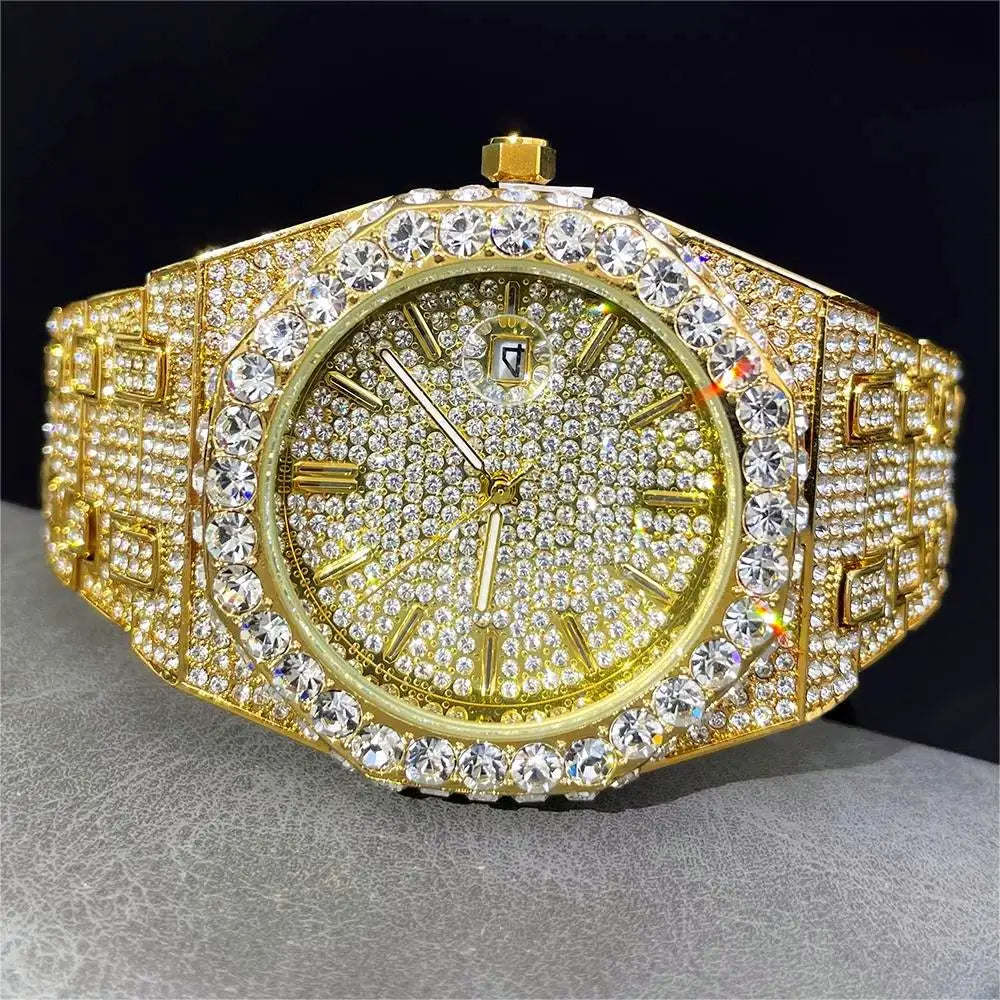 Luxury Brand Iced Watch For Men Fashion Hip Hop Diamond Waterproof Stainless Steel Wristwatch