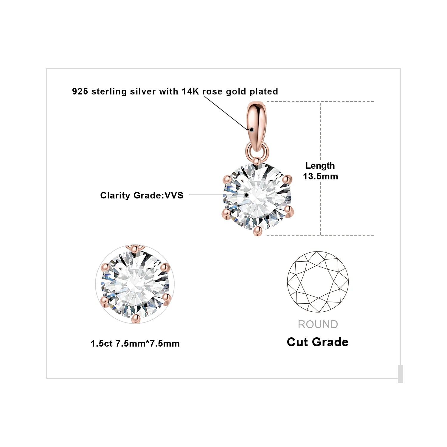 Moissanite D Color 1ct 1.5ct 2ct 3ct Round 925 Sterling Silver Pendant Necklace for Woman No Chain