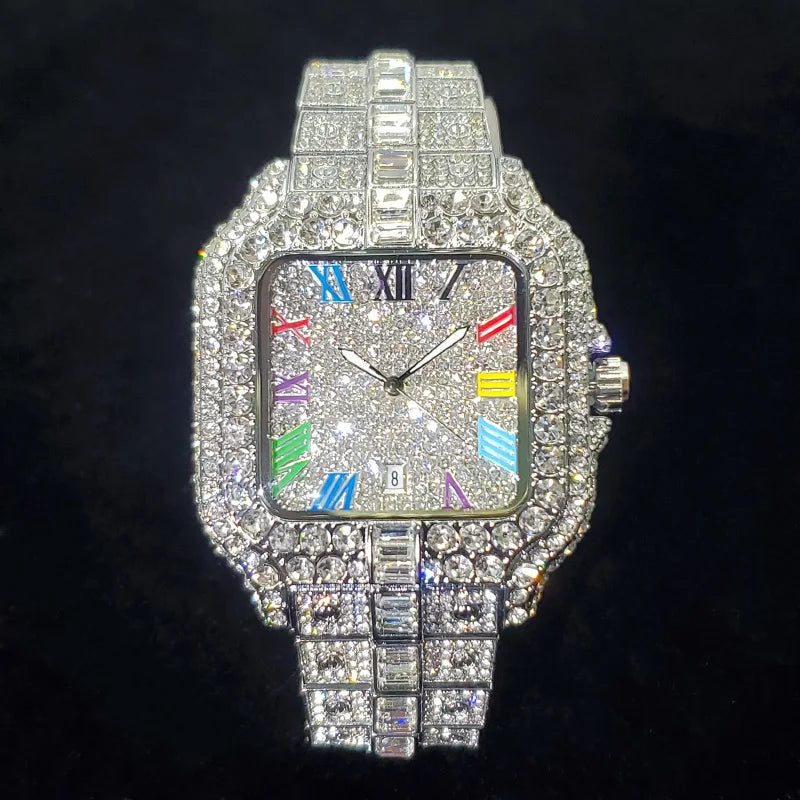 2025 New Luxury Diamond Watch Men Fashion Iced Out Square Colorful Number Watches Hip Hop Bling Jewelry