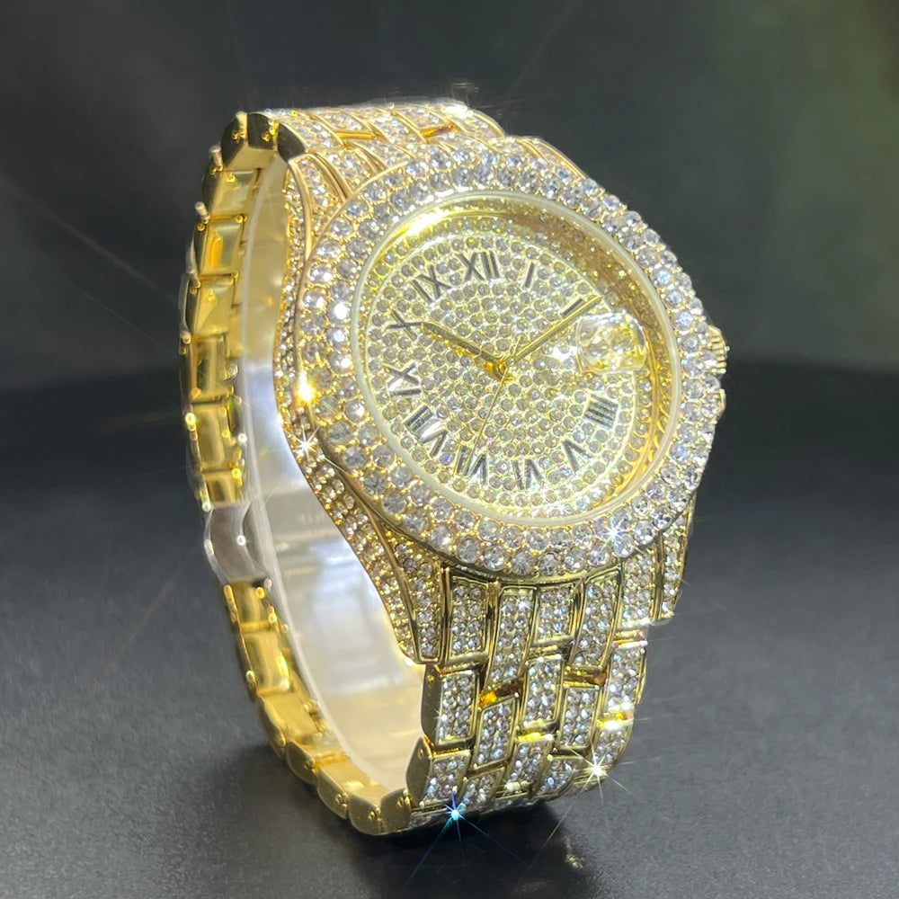 Full Iced Out Watch For Men Luxury Gold Hip Hop Diamond Quartz Mens Watches Waterproof Day Date Clock