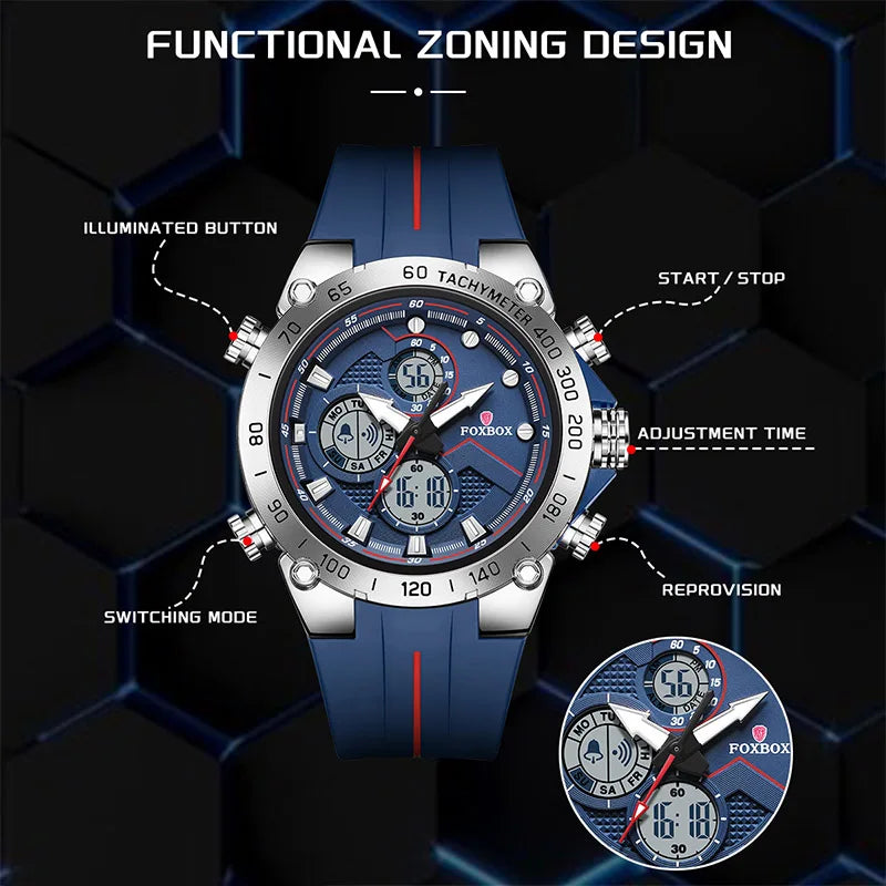 FOXBOX Sports Men's watches Military LED dual display luminous fashion mens clock waterproof watches for men