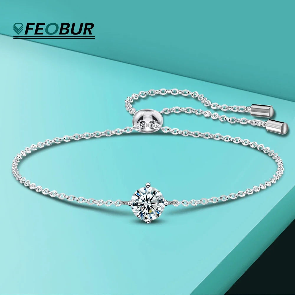 Certified 1CT Moissanite Bracelet for Women Real S925 Silver Classic Round Lab Diamond Charm Hand Chain Adjustable