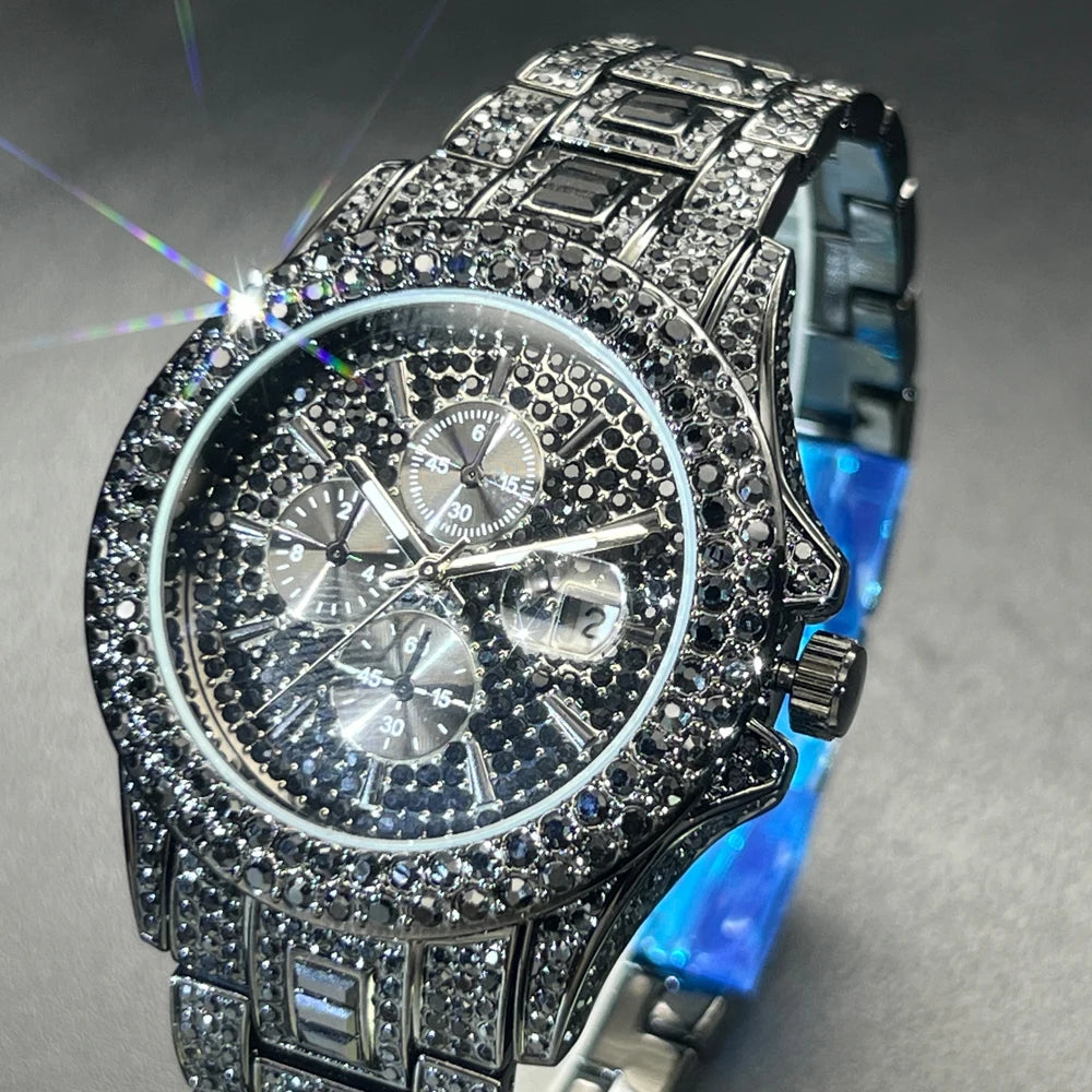 Full Black Diamond Watches For Men Luxury Fashion Quartz Watch Hip Hop Fashion Automatic Date Iced Out