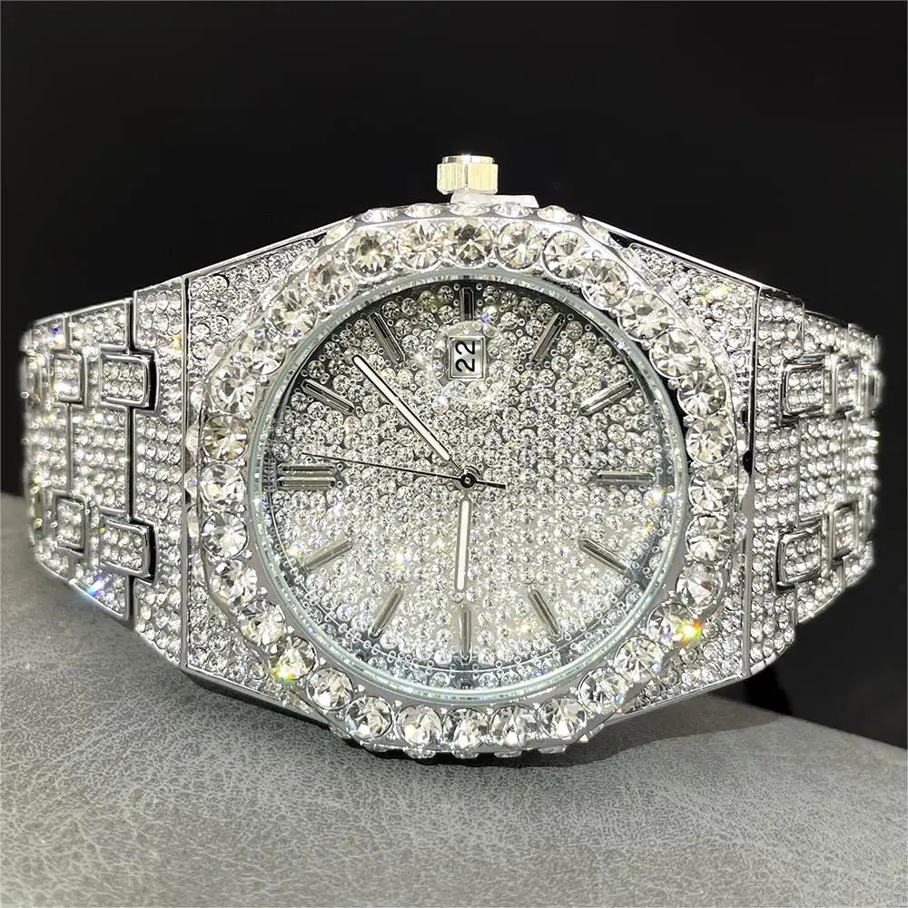 Luxury Brand Iced Watch For Men Fashion Hip Hop Diamond Waterproof Stainless Steel Wristwatch