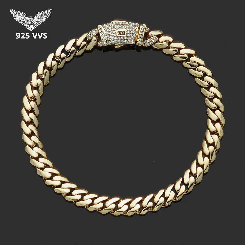 925 VVS Iced Out Moissanite Cuban Link Necklace 6/8/10mm 14K Gold Plated 925 Silver Smooth Monaco Chain Hip Hop Jewelry