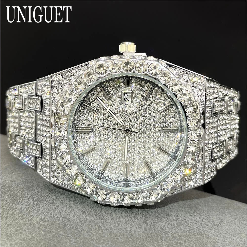 Luxury Brand Iced Watch For Men Fashion Hip Hop Diamond Waterproof Stainless Steel Wristwatch