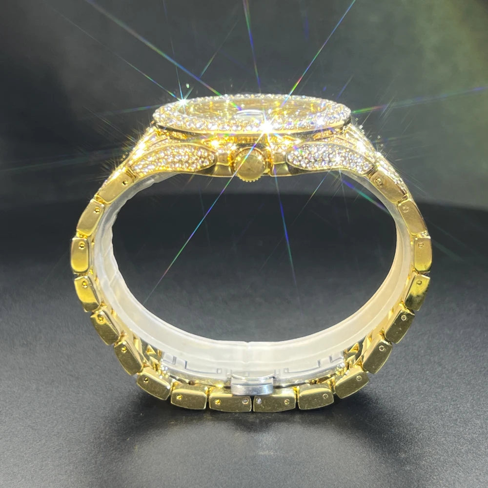 Full Iced Out Watch For Men Luxury Gold Hip Hop Diamond Quartz Mens Watches Waterproof Day Date Clock