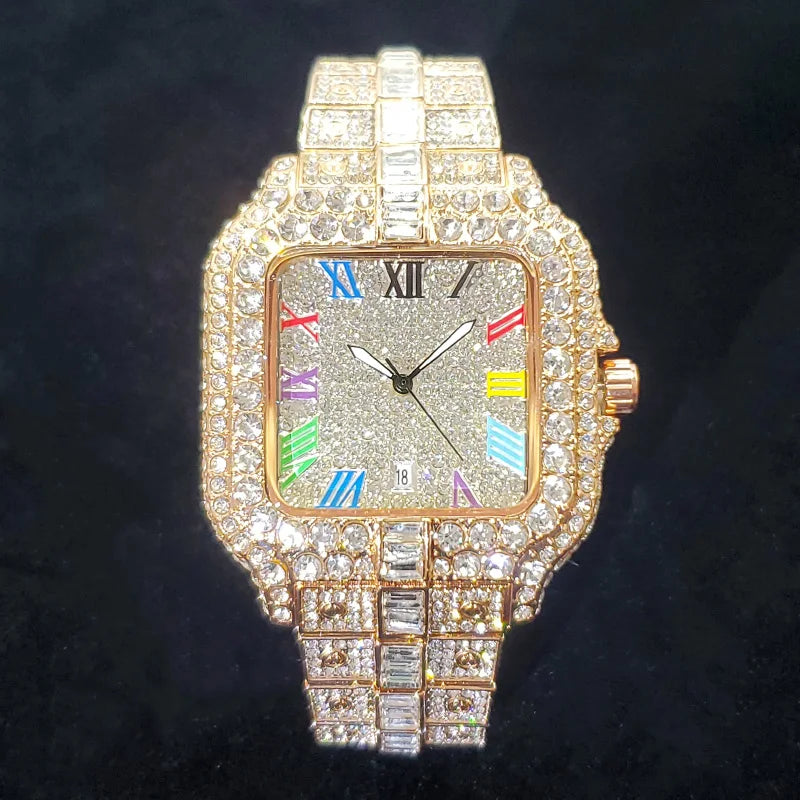 2025 New Luxury Diamond Watch Men Fashion Iced Out Square Colorful Number Watches Hip Hop Bling Jewelry
