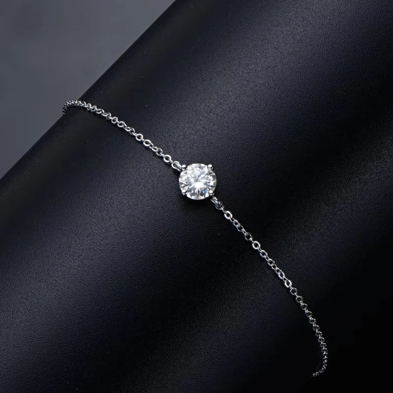 Certified 1CT Moissanite Bracelet for Women Real S925 Silver Classic Round Lab Diamond Charm Hand Chain Adjustable