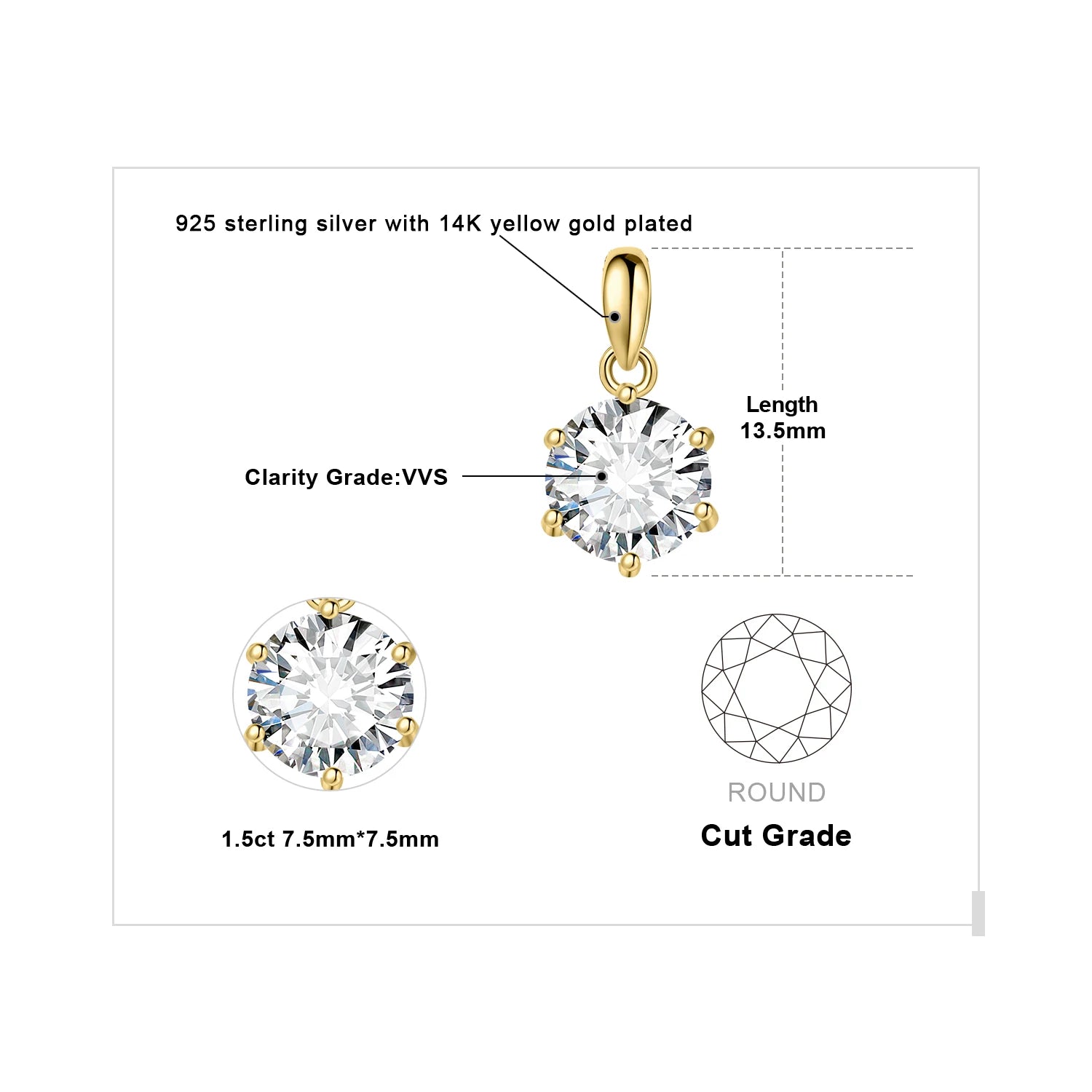 Moissanite D Color 1ct 1.5ct 2ct 3ct Round 925 Sterling Silver Pendant Necklace for Woman No Chain