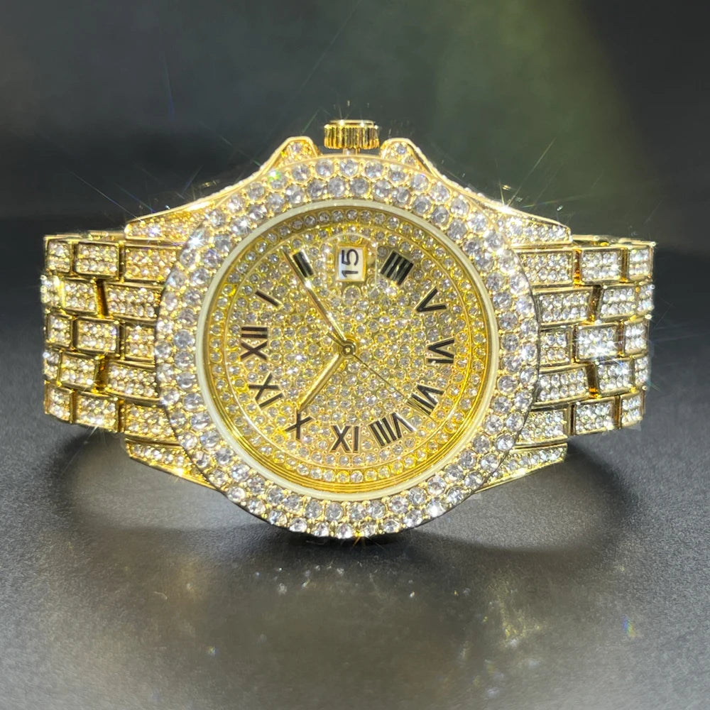Full Iced Out Watch For Men Luxury Gold Hip Hop Diamond Quartz Mens Watches Waterproof Day Date Clock