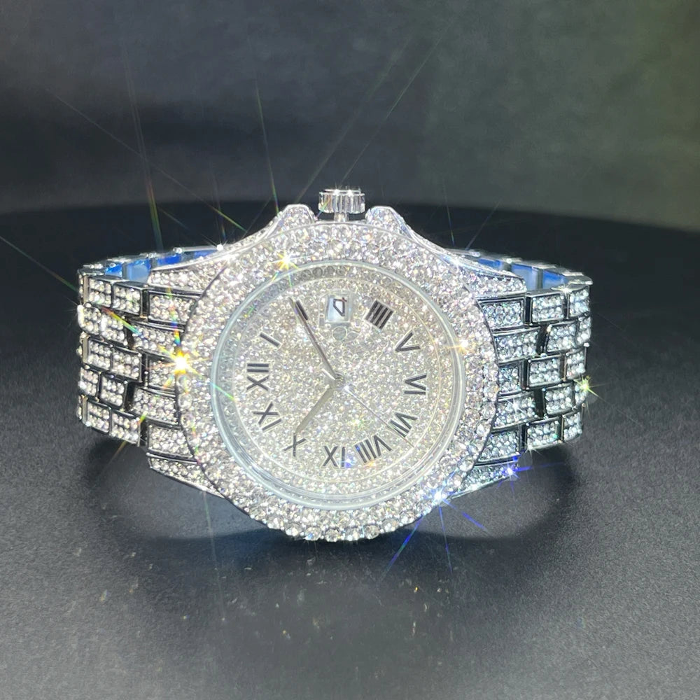 Full Iced Out Watch For Men Luxury Gold Hip Hop Diamond Quartz Mens Watches Waterproof Day Date Clock