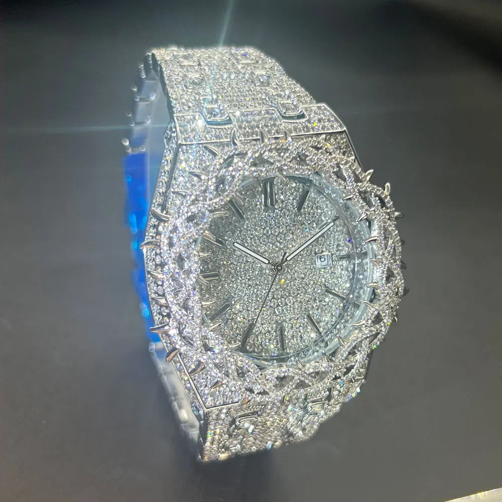 Fashion Full Diamond Watches Men Brand lced out Flower Quartz Wristwatch For Men