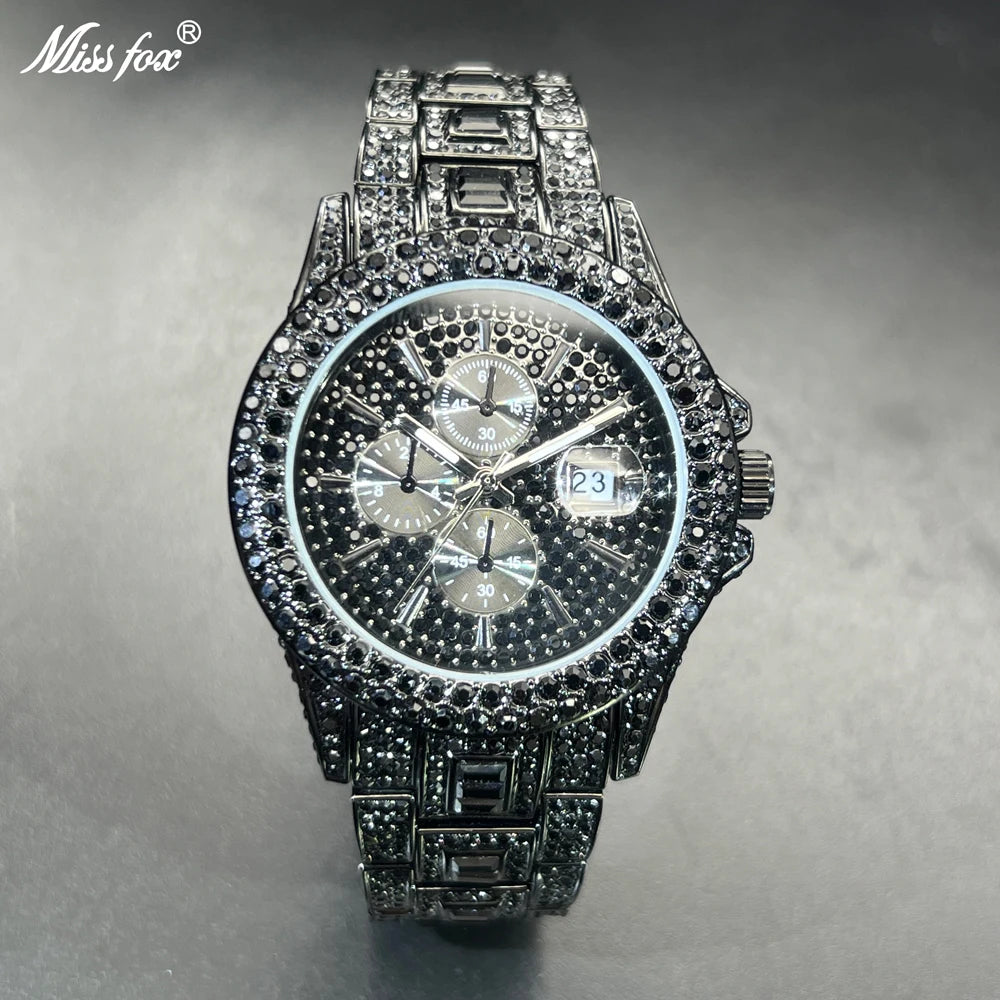 Full Black Diamond Watches For Men Luxury Fashion Quartz Watch Hip Hop Fashion Automatic Date Iced Out