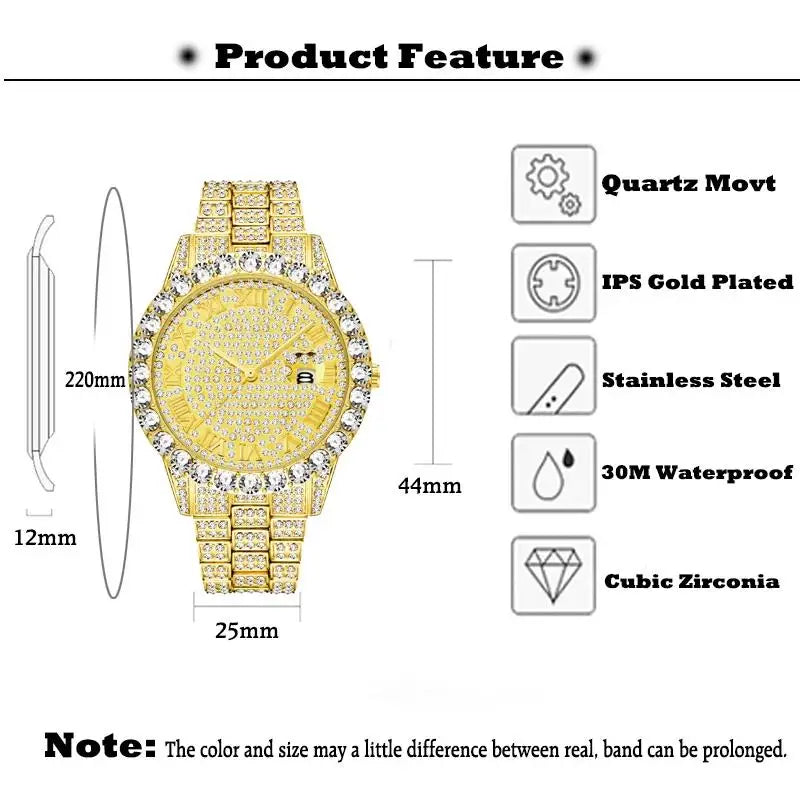 Iced Out Watch for Mens Fashion Bling Quartz Clocks Luxury Full Diamond Wrist Watches Man