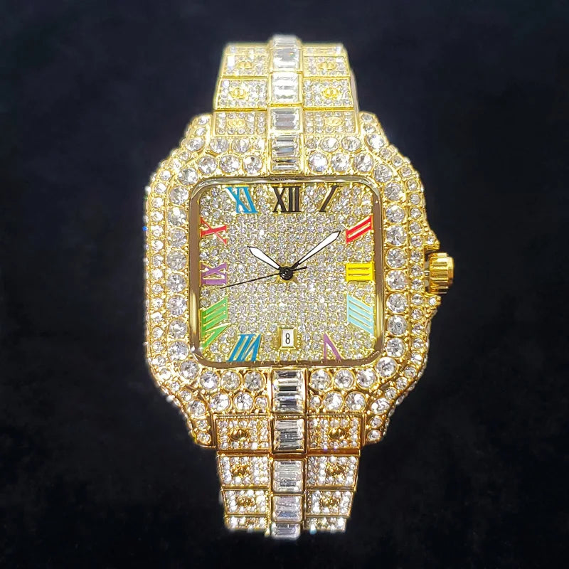 2025 New Luxury Diamond Watch Men Fashion Iced Out Square Colorful Number Watches Hip Hop Bling Jewelry