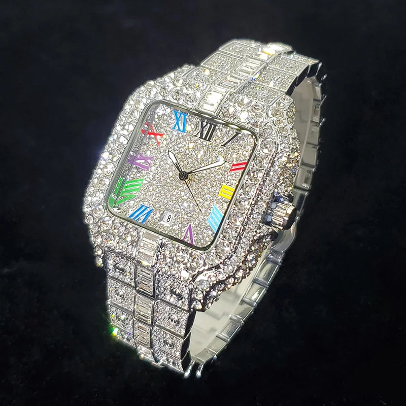2025 New Luxury Diamond Watch Men Fashion Iced Out Square Colorful Number Watches Hip Hop Bling Jewelry