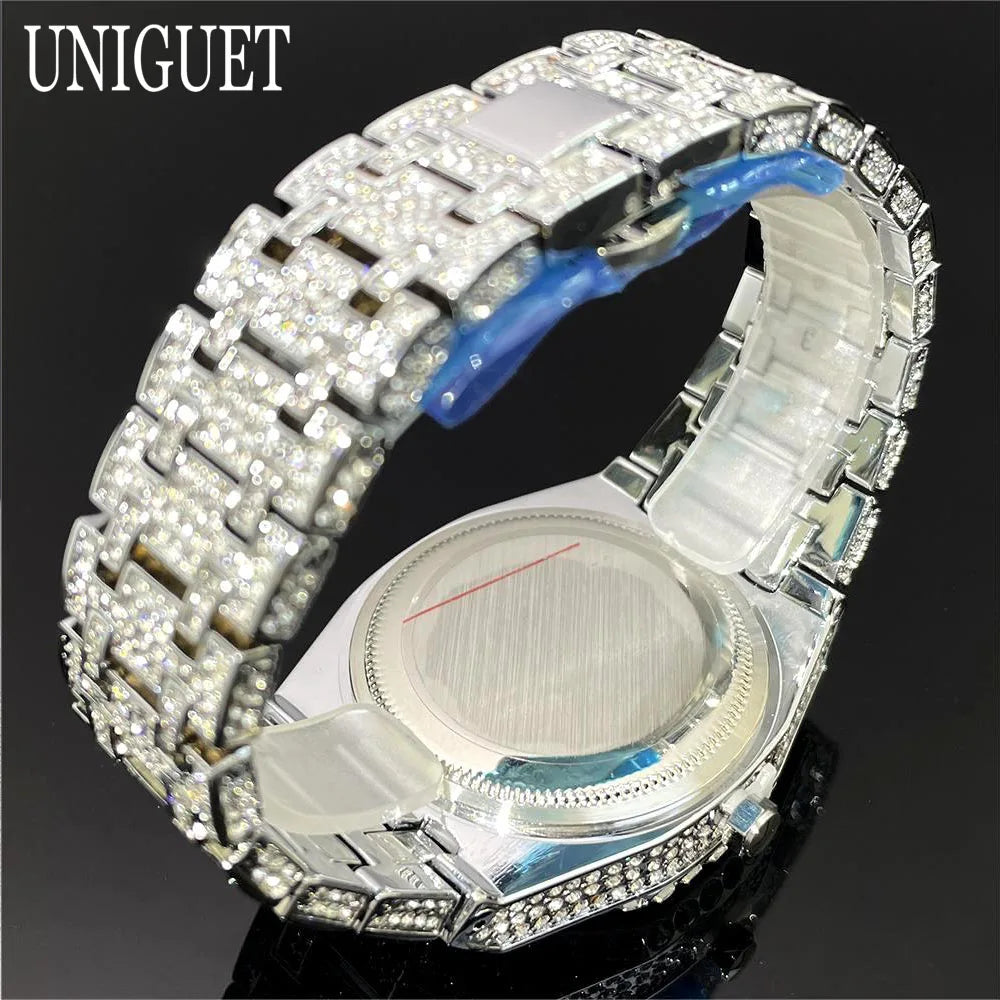 Luxury Brand Iced Watch For Men Fashion Hip Hop Diamond Waterproof Stainless Steel Wristwatch